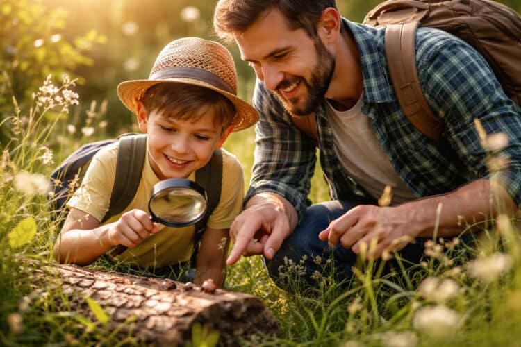 Papa et son enfant au cours d'une activité nature